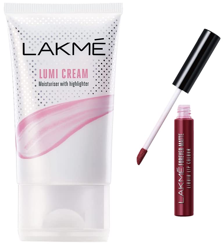 Lakmé Lumi Cream,Moisturizer with highlighter, Enriched with Niacinamide for all skin type,30 gm & Lakmé Forever Matte Liquid Lip Colour, Red Sangria, 5.6 ml