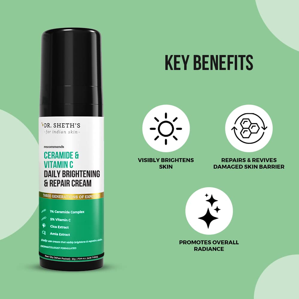 Dr. Sheth'S Ceramide Daily Brightening & Repair Cream With 1% Ceramide Complex, 5% Vitamin C, Cica & Amla | Daily Use Face Cream | Brightens & Repairs Skin | 30 G