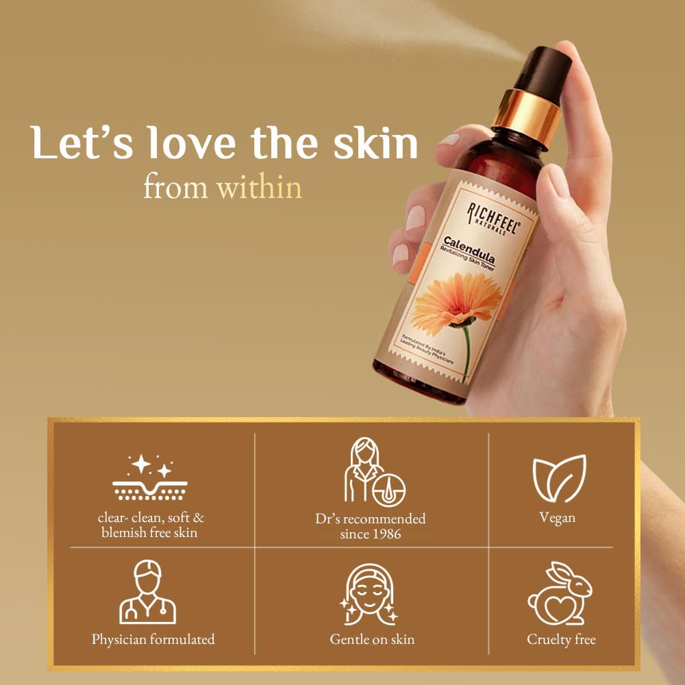 Richfeel Calendula Revitalising Skin Toner | Power of Soothing Calendula Extracts | For skin prone to Acne & Blemishes | Physician Formulated | 80 Ml