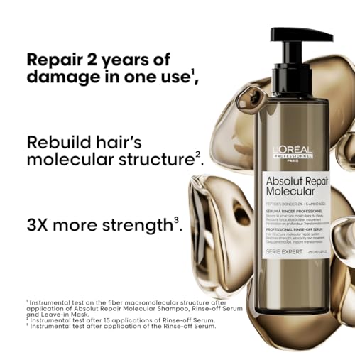 L'OREAL PROFESSIONNEL PARIS Absolut Repair Molecular Deep Repairing Rinse-off Serum for Damaged Hair - 250 ml | Repairs Very Damaged Hair and Restores Strength With 2% Peptides Bonder & 5 Amino Acids