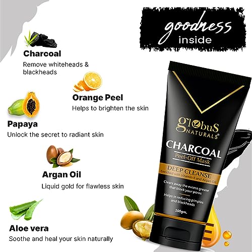 Globus Naturals Anti Pollution & Anti Acne Charcoal Peel Off Mask, Detoxifying Face mask, Fights Pollution and De-Tans skin, For Women & Men with Oily & Acne Prone Skin, 100 gms (Charcoal)