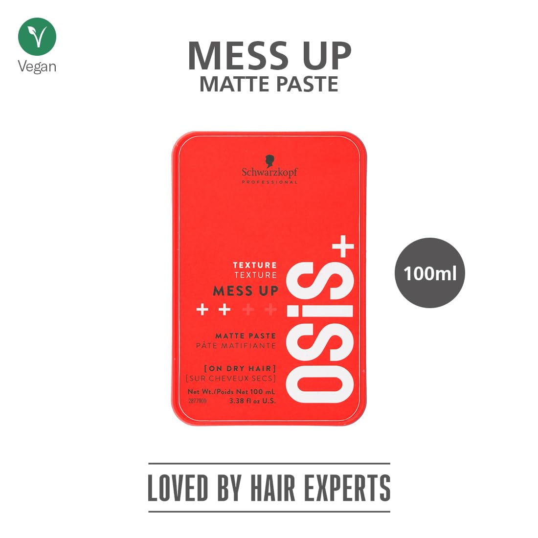 Schwarzkopf Professional OSiS+ Mess Up Matte Paste | Hair Styling Pomade for Men & Women | Medium Hold, Dry Texture & Non-Greasy Matte Finish | Easy to Apply, Mould & Wash | Vegan Formula (100 ML)