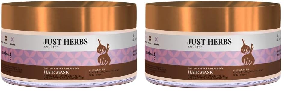 Just Herbs Anti Hairfall Natural Hair Mask With Castor & Black Onion Seed For Dandruff Suitable For Color Treated & All Hair Types (Pack Of 2) - 400 Grams