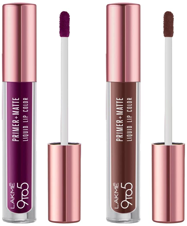 Lakmé 9to5 Primer + Matte Liquid Lip Color MM4 Dynamic Purple & Lakmé 9to5 Primer + Matte Liquid Lip Color MB3 Strong Espresso