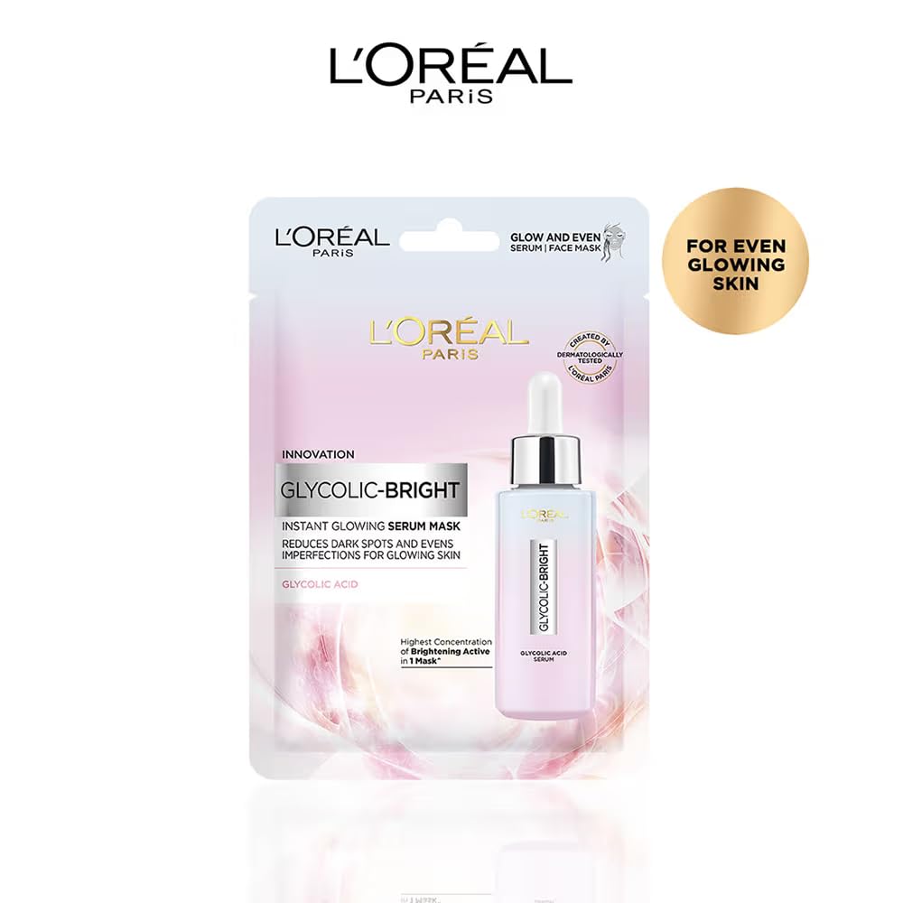 L'Oreal Paris Glycolic Bright Day Cream - 50ml + Brightening Serum 15ml + Glycolic Bright Glowing Serum Sheet Mask