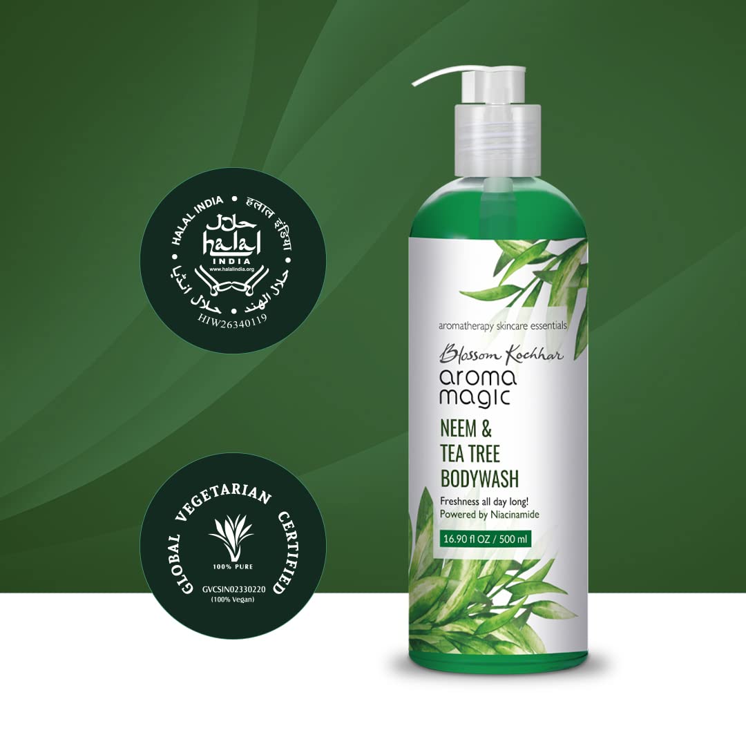 Aroma Magic Neem & Tea Tree Body Wash Pwrd by 5% Niacinamide | Removes harmful bacteria, protects with anti-microbial & antioxidant properties with neem oil, tea tree oil, Apple cider vinegar –250ml