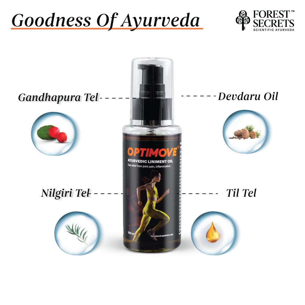 Forest Secrets Optimove Liniment Oil 100ml | Ideal for Back Pain, Muscle Pain, Joint Pain, Knee Pain | Ayurvedic Pain Relief Oil | Suitable for Sports & Gym related Injuries