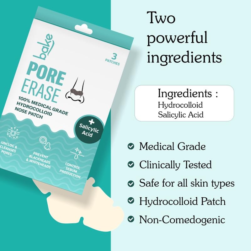 BAKE 2% Salicylic Acid Nose Strips for Pore Cleansing & Blackheads Removal | Hydrocolloid Nose Strips for Control Sebum Production (3 Strips)