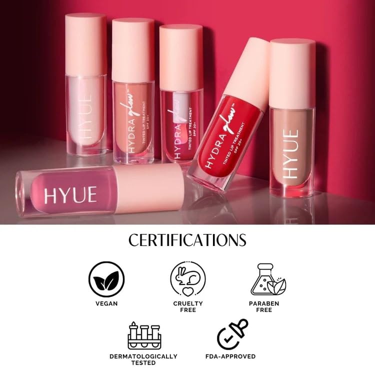 HYUE HydraGlow™ Lip Oil | Color Reviving | Intense 24HR Hydration | Non-Sticky | Lightweight Formula | 6 ml | With Cherry, Jojoba Oil, Kakadu Oil and Vitamin E | Crystal-like Shine | Chunky Applicator