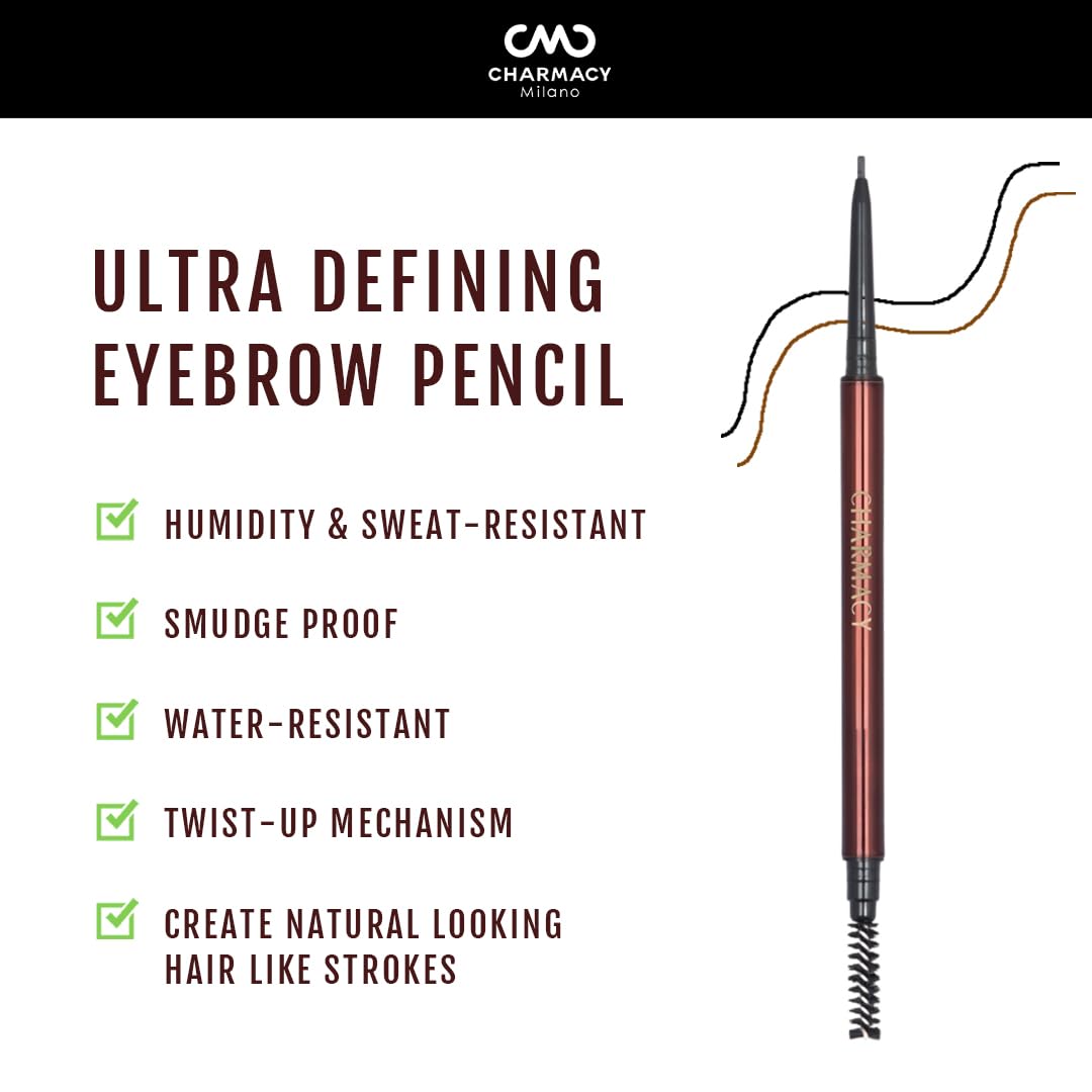 Charmacy Milano Ultra Defining Eyebrow Pencil (Black) - 0.1G, Natural Brows, Built in Spoolie Brush, Dual Function, Sweat Resistant, Eyebrow Expert, Vegan, Cruelty Free, Non-Toxic