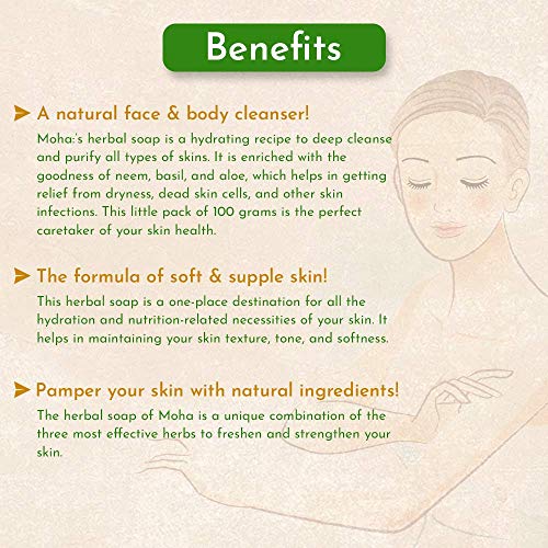 Moha: Herbal Soap A Natural Face & Body Cleanser! With Goodness Of Aloe Vera Gel, Basil & Neem Used As Bathing Soap, Face & Body Soap, Unisex Bathing Bar - 100Gm Each (Pack Of 6)