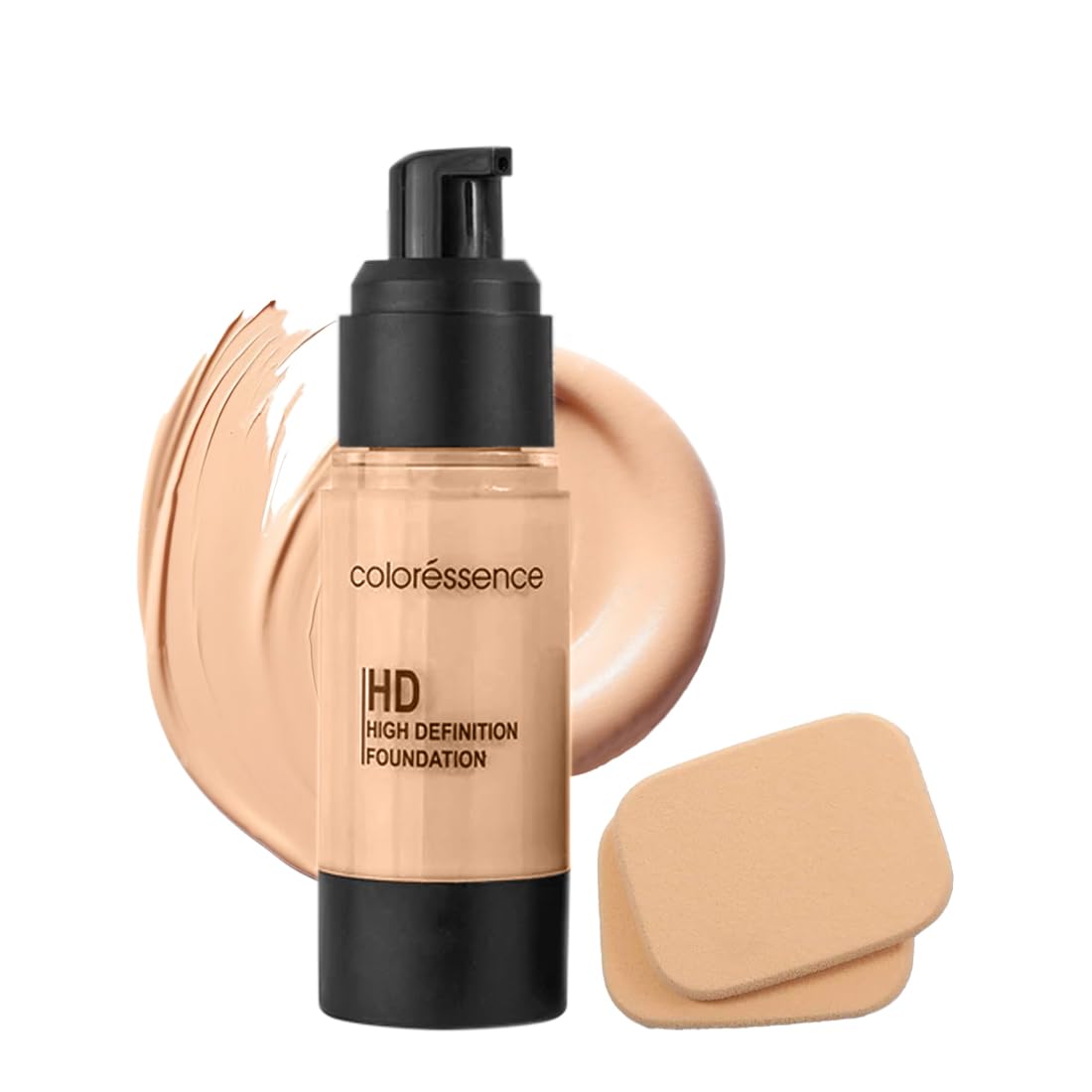 Coloressence HD Foundation - Buildable Coverage Liquid Foundation | Covers Blemishes and Dark Spots | Waterproof & Sweat Resistant | Iced Latte | 2 Applicator Sponges FREE
