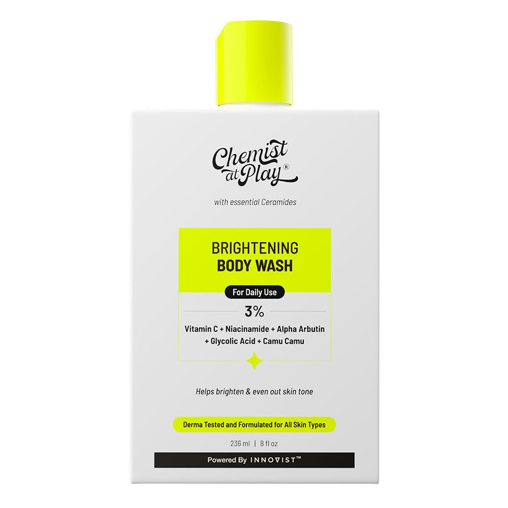 Chemist at Play Brightening Body Wash | Glowing Skin Vitamin C Bodywash | Helps to Reduce Fades Dark Spots, Tan & Evens out Skin Tone | Alpha Arbutin | 30X Vitamin C with Camu Camu | For Women & Men | 236ml