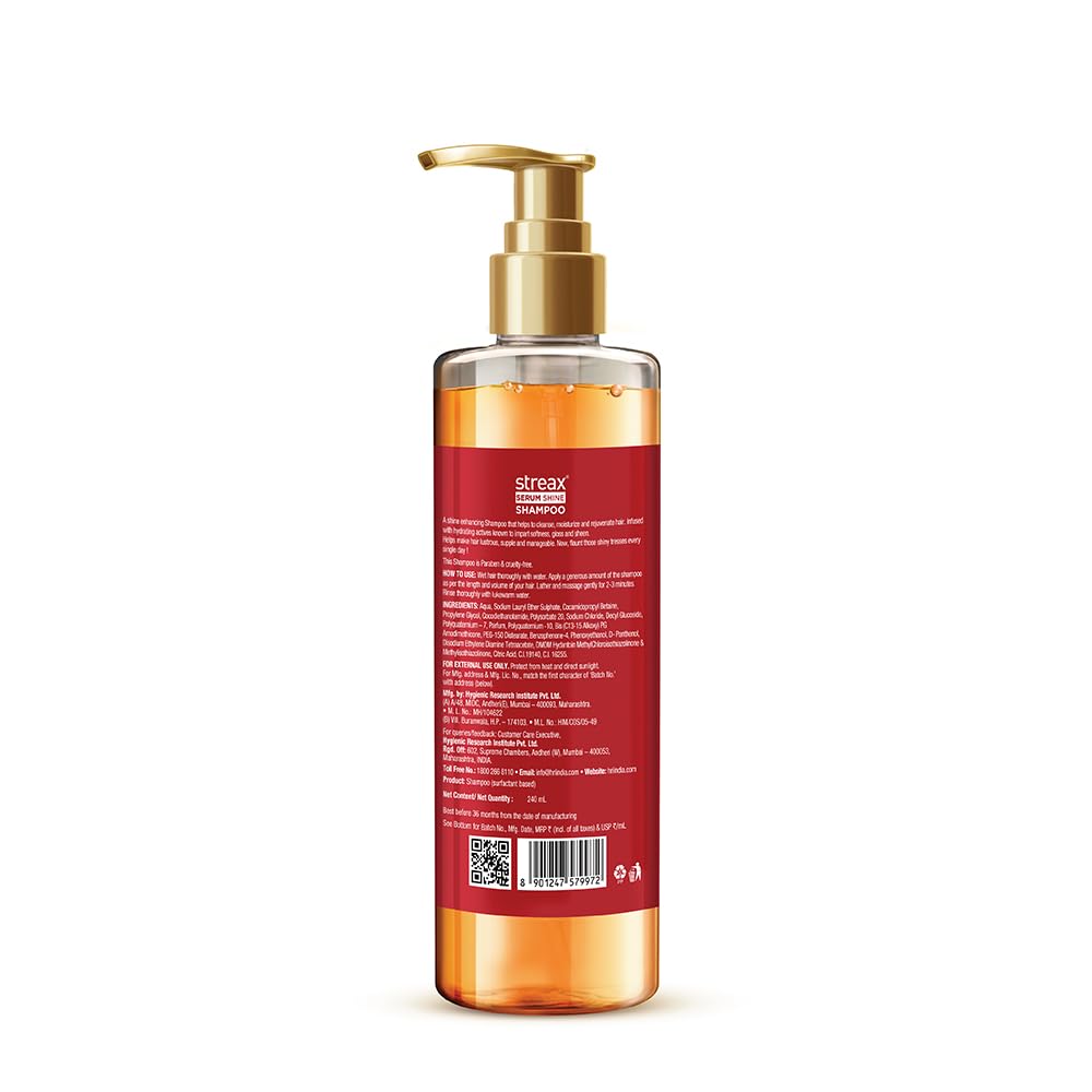 Streax Glossy Serum Shine Shampoo for Frizzy and Dry Hair | Paraben-Free Hair Shampoo with Silicon Actives | Controls Frizz, for Smooth & Shiny Hair, 240 ml