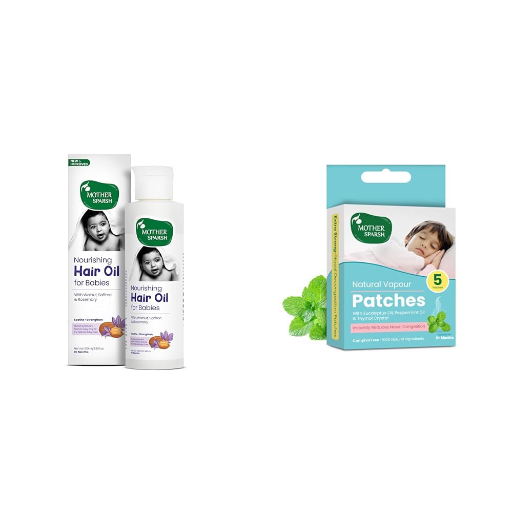 Mother Sparsh Nourishing Baby Hair Oil | Soothe & Nourishes Delicate Baby Scalp | Suitable Hair Oil,Mother Sparsh Natural Vapour Patches For Kids With Eucalyptus Oil, Peppermint Oil & Thymol Crystal