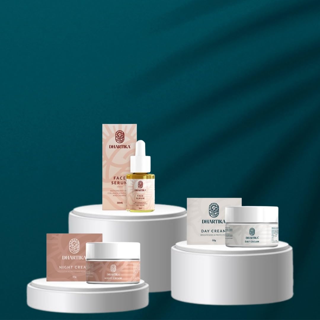 Dhartika Glow Essentials Combo – Face Serum + Day Cream + Night Cream | Anti-Aging, Brightening & Hydrating Skincare Kit | Collagen Boost, Spot Reduction & Youthful Glow | Unisex | All Skin Types