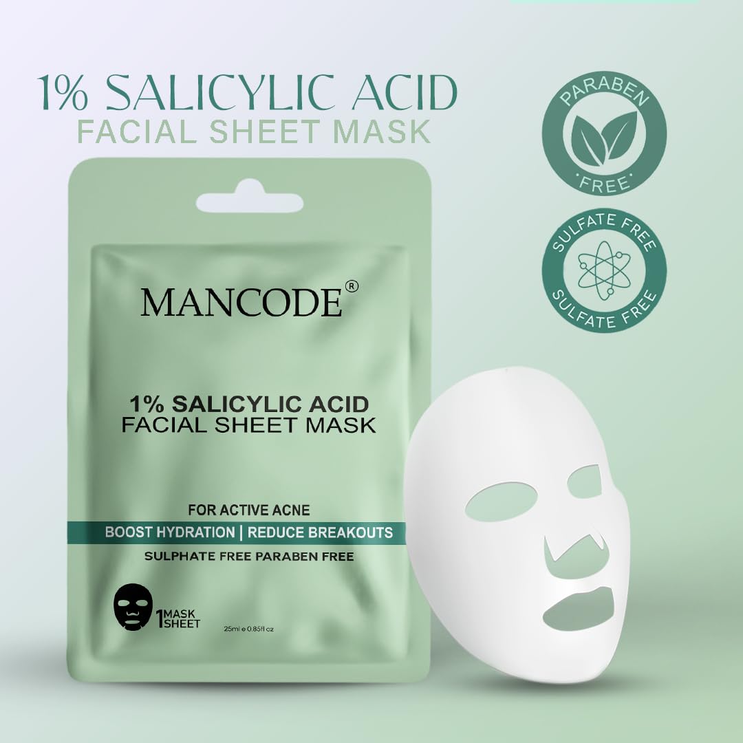 Mancode 1% Salicylic Acid Facial Sheet Mask 25ml Boost Hydration Reduce Breakouts & Active Acne Pore Reducing, Brightening & Enhances Glow Korean Sheet Mask for Men Women | Unisex Sheet Mask Set 25ml