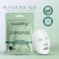 Mancode 1% Salicylic Acid Facial Sheet Mask 25ml Boost Hydration Reduce Breakouts & Active Acne Pore Reducing, Brightening & Enhances Glow Korean Sheet Mask for Men Women | Unisex Sheet Mask Set 25ml