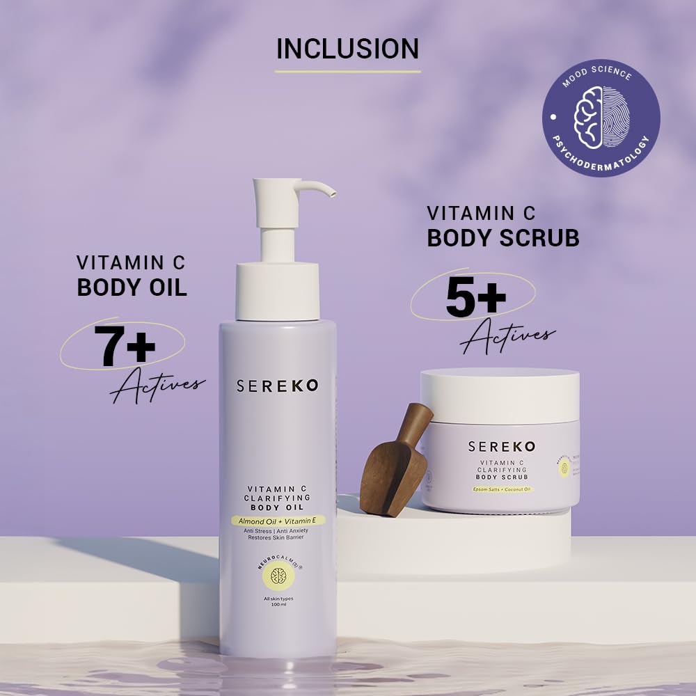 SEREKO Vitamin C Body Exfoliating Kit Clarifying Body Scrub 100 g, Clarifying Body Oil 100 ml, Exfoliator for all Skin Types, Natural, Cruelty free, Vegan, Clean Beauty for Gifting and Personal Use