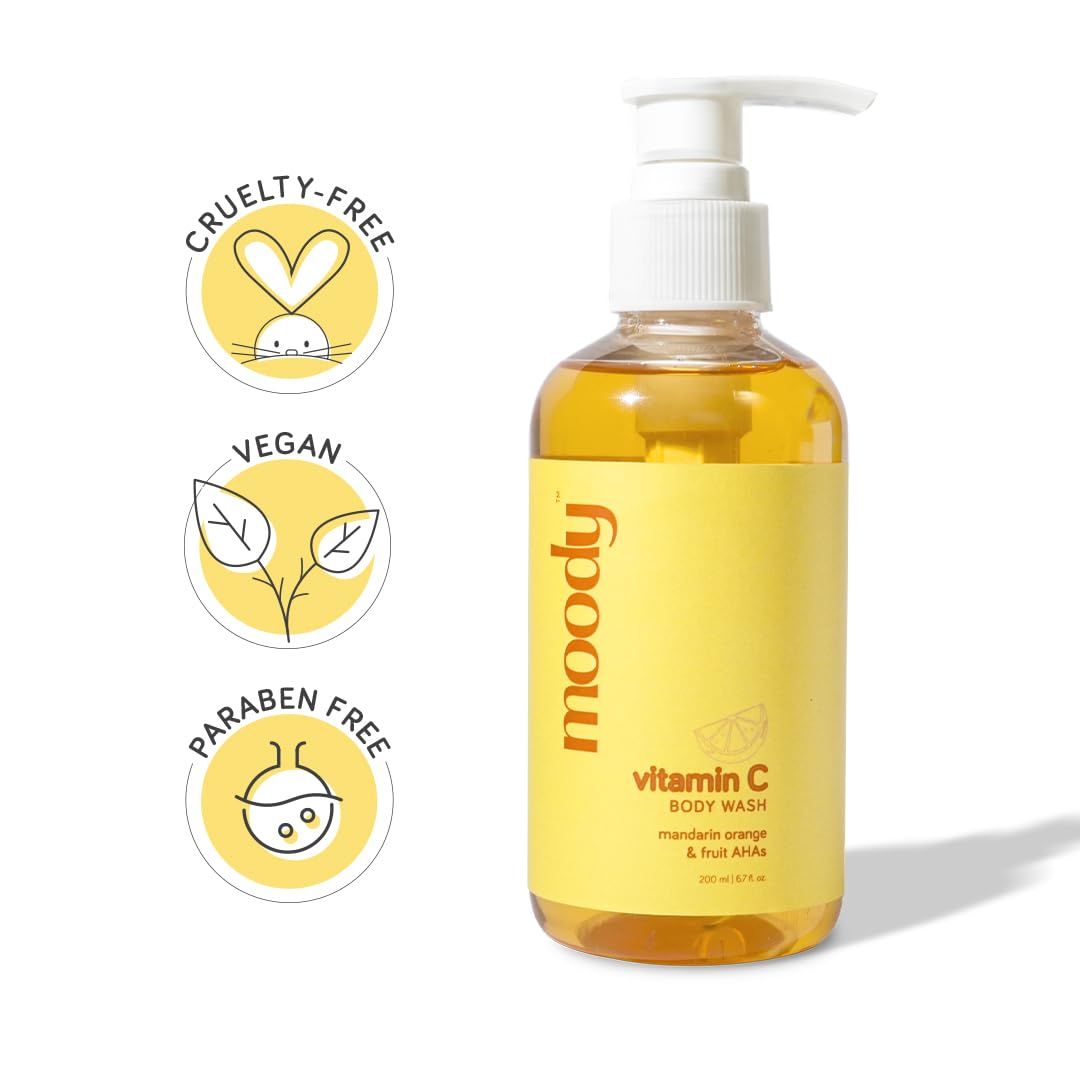 Moody Vitamin C Brightening Body Wash with Fruit AHA's | Fights Hyperpigmentation & Deep Cleanses | For Glowing & Hydrated Skin | Sulphate Free | Suitable for All Skin Types | For Women & Men (200 ml)