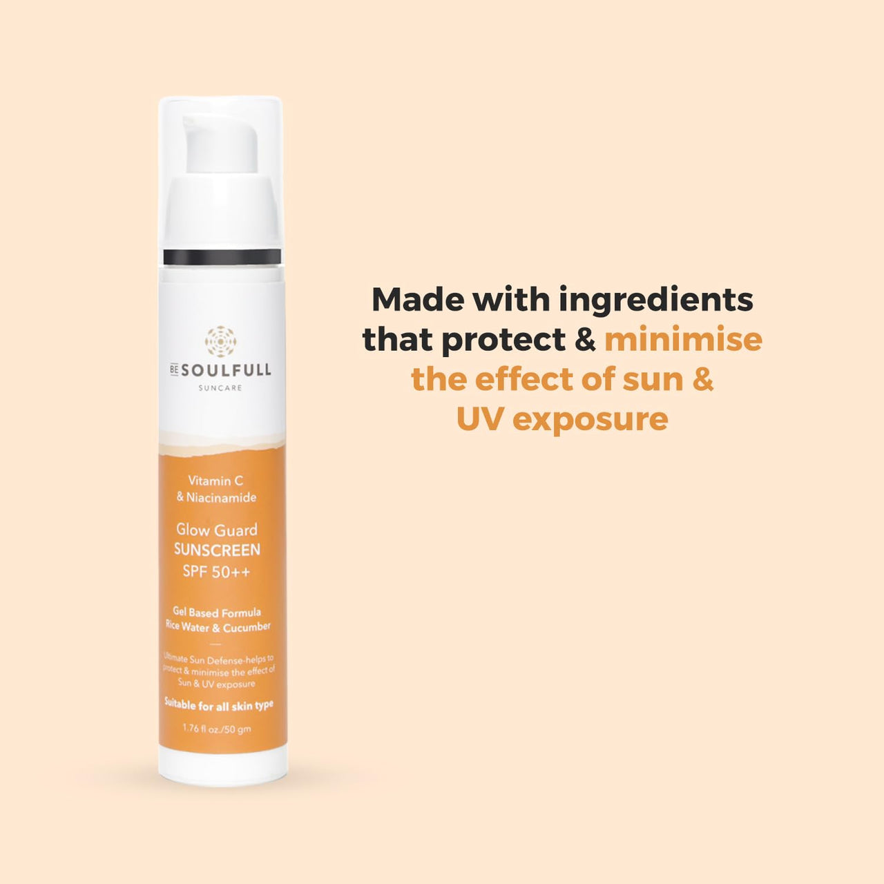 Be Soulfull Glow Guard Sunscreen with SPF 50+++Ultimate Sun Defense- helps to protect & minimise the effect of Sun & UV exposer- 50gms/.35 fl oz with