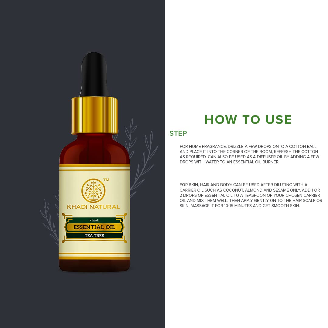 Khadi Natural Tea Tree Pure Essential Oil| Latest International Packaging| Provides Fresh & Purifying Experience| Anti inflammatory Properties| Skincare & Haircare| Improves Scalp Health| Helps Reduce Spots| 15ml
