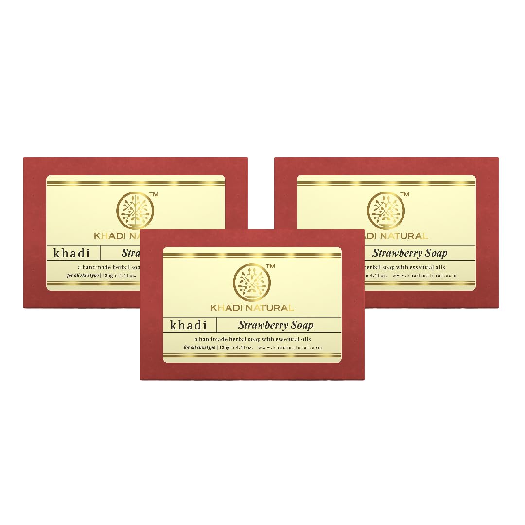 Khadi Natural Strawberry Handmade Soap | Handmade Bathing Soap |Restore skin's moisture|Exfoliates skin tissues | Suitable for All Skin Types|Pack of 3 (125gm*3) (375gm)