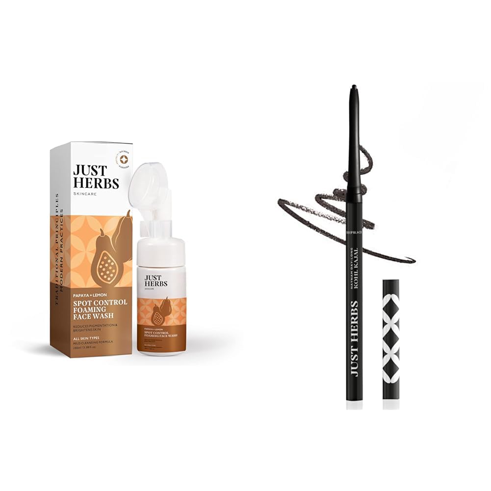 Just Herbs Brightening Foaming Face Wash With Vitamin C & Just Herbs Retractable 2 in 1 Herbal Eyeliner + Kajal with Almond Oil & Vitamin E Combo