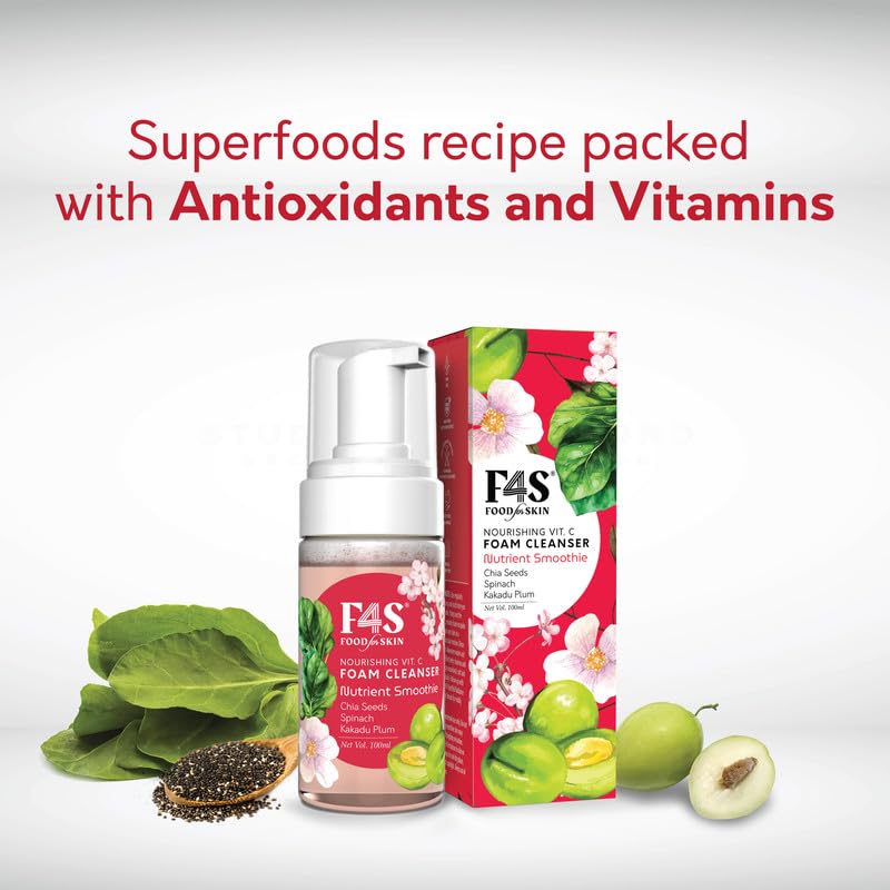 F4S Food for Skin Nourishing Face Foam Cleanser |Rich in Superfoods Kakadu Plum, Chia seeds, Spinach | Vitamin C& Anti-oxidants | Gentle cleansing |Skin Hydration & Brightening | All Skin Types |100ml