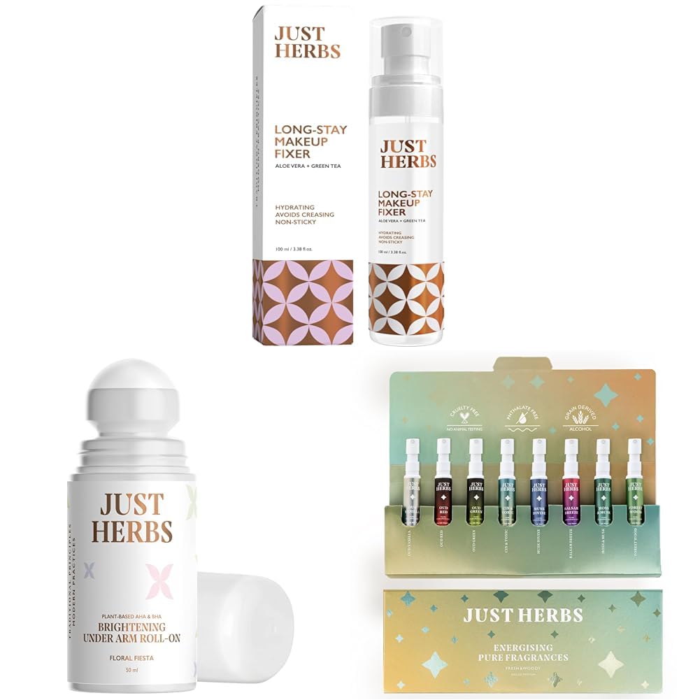 Just Herbs Long Stay Non Sticky Makeup Fixer& Under Arm Roll On For Women Floral Fiesta Long Lasting And Refreshing Women Deodorant - 50 Ml& Edp Perfumes Trial Set Of 8 X 3Ml(Fresh&Woody)