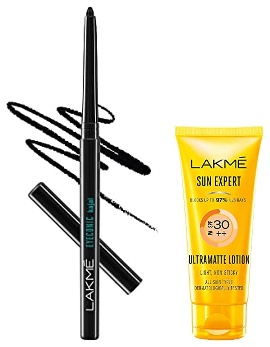 Lakmé Sun Expert SPF 30 PA++ Ultra Matte Lotion Sunscreen, Blocks Upto 97% Harmful Sunrays, 50 ml For All Skin type & Eyeconic Kajal, 0.35g, Deep Black New Matte Finish