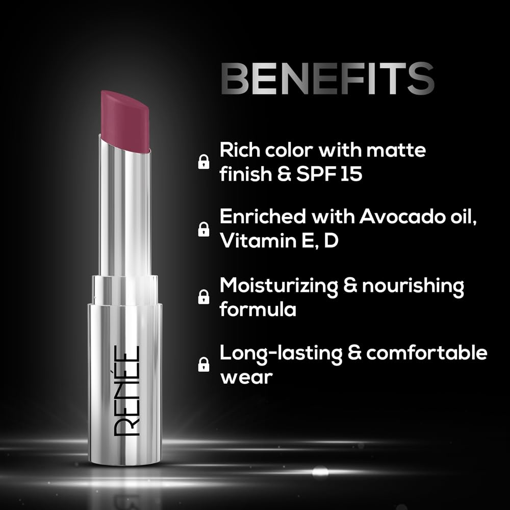 RENEE Matte Lock Lipstick - Indie, Moisturizing, Long Lasting & Weightless Formula, Intense Color Pay Off with Ultra-Matte Finish, Enriched with Avocado oil, Vitamin E, D & Beta-Carotene, 3.5 Gm