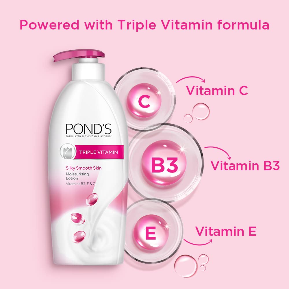 POND's Triple Vitamin Moisturising Body Lotion 600 ml&POND's Magic Acacia Honey Fragrance Talcum Powder 400 G, Cooling Fresh Talc For Face & Body - For Men & Women