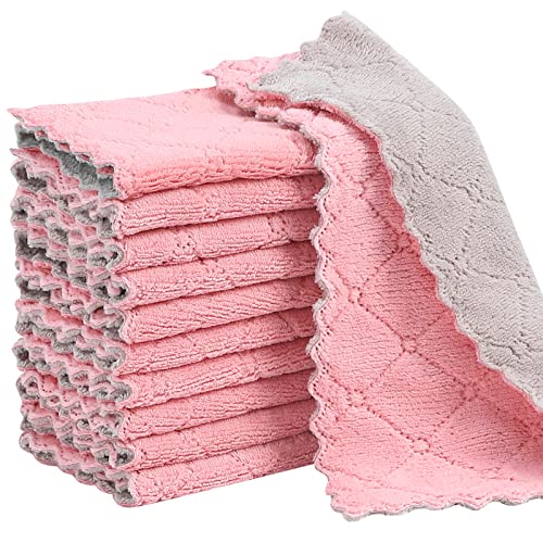 Rachan 11Pack Kitchen Dish Cloths, Reusable Dish Towels, Nonstick Oil Washable Fast Drying, Super Absorbent Coral Velvet Cleaning Cloths for Cleaning Tableware, Kitchen, Bathroom (Pink - green10 x 6")