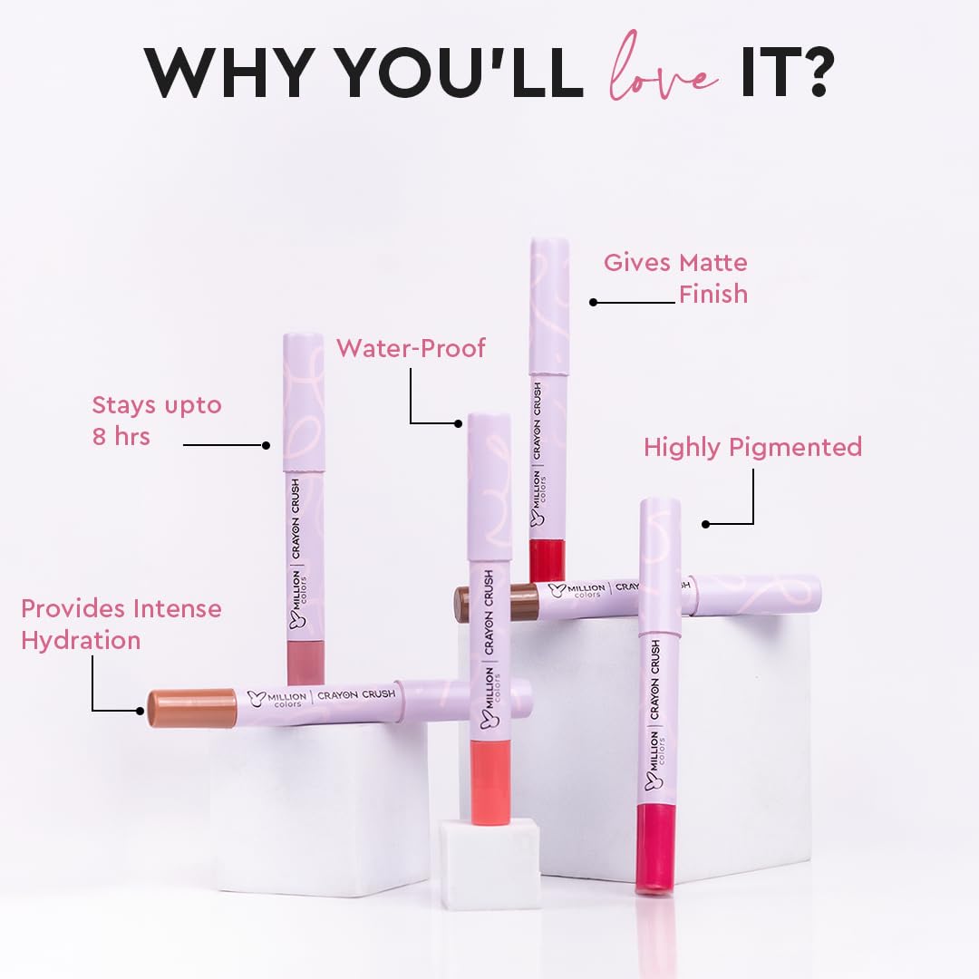 Million Colors Lip Crayon Lipstick | 8H Long-Lasting Matte | Hydrating & Lightweight | Highly Pigmented | Smudge-Proof & Transfer-Proof | Hyaluronic Acid & Shea Butter (Scarlette 09, 3g)