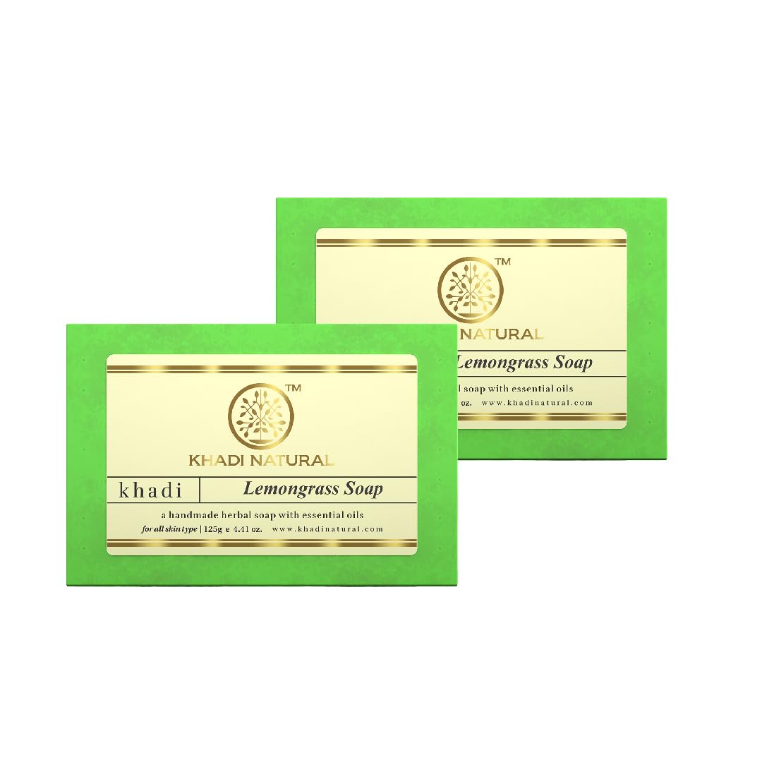 Khadi Natural Lemongrass Soap, 125g|Herbal Bathing Soap for Healthy Skin | Natural Soap with Essential Oils | Soap for relieving stress | Suitable for All Skin Types|Pack of 2