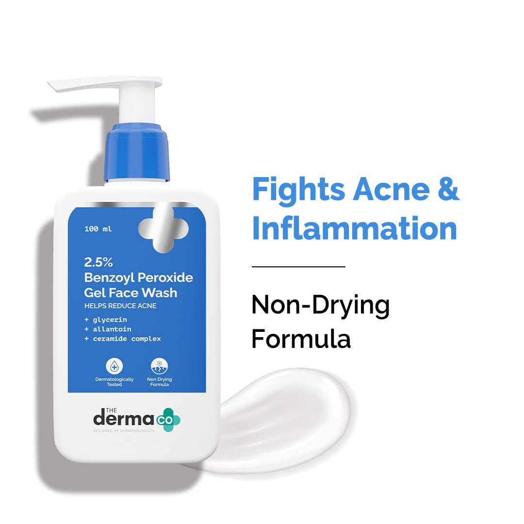 The Derma Co. 2.5% Benzoyl Peroxide Gel Face Wash | With Ceramide Complex & Glycerin | Treats Active Acne | Kills 99.9% of Acne Bacteria | Non-Drying Formula | For Oily & Acne Prone Skin | For Men & Women | 100 ml