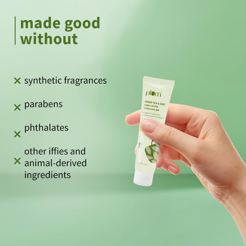 Plum Green Tea & Zinc Super-Matte Gel Sunscreen SPF 50 PA ++++ | Formulated for Oily, Combination and Acne Prone Skin | Protects & Controls Oil | Lightweight, No White Cast & Non-Sticky | Vegan | 15g