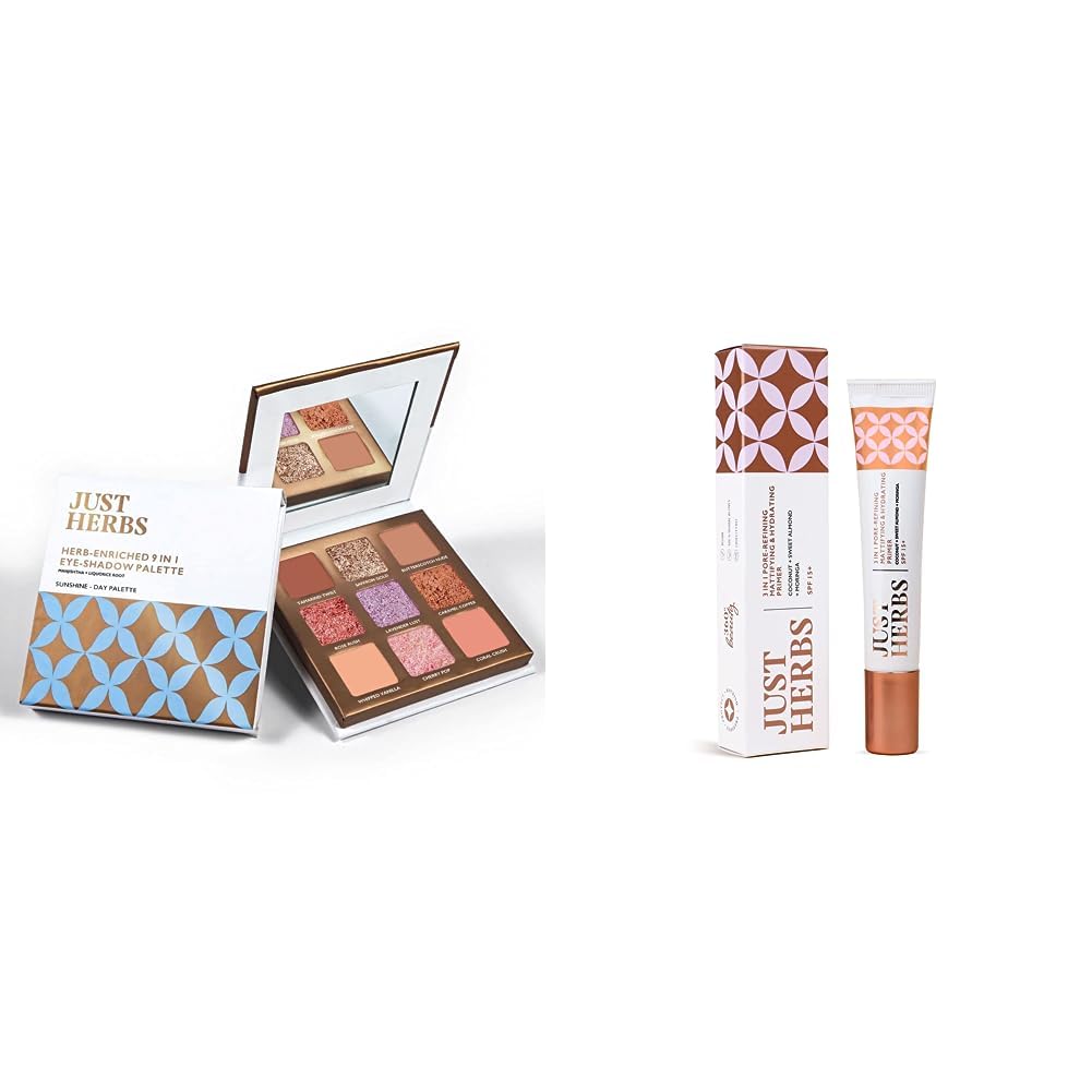 Just Herbs Eyeshadow Palette Powder 9 In 1 Long Lasting Blendable Eye Makeup Palette (Sunshine-Day Palette)3 In 1 Pore-Refining,Minimizer Mattifying&Hydrating Primer 20G Combo,Multicolor,Matte Finish