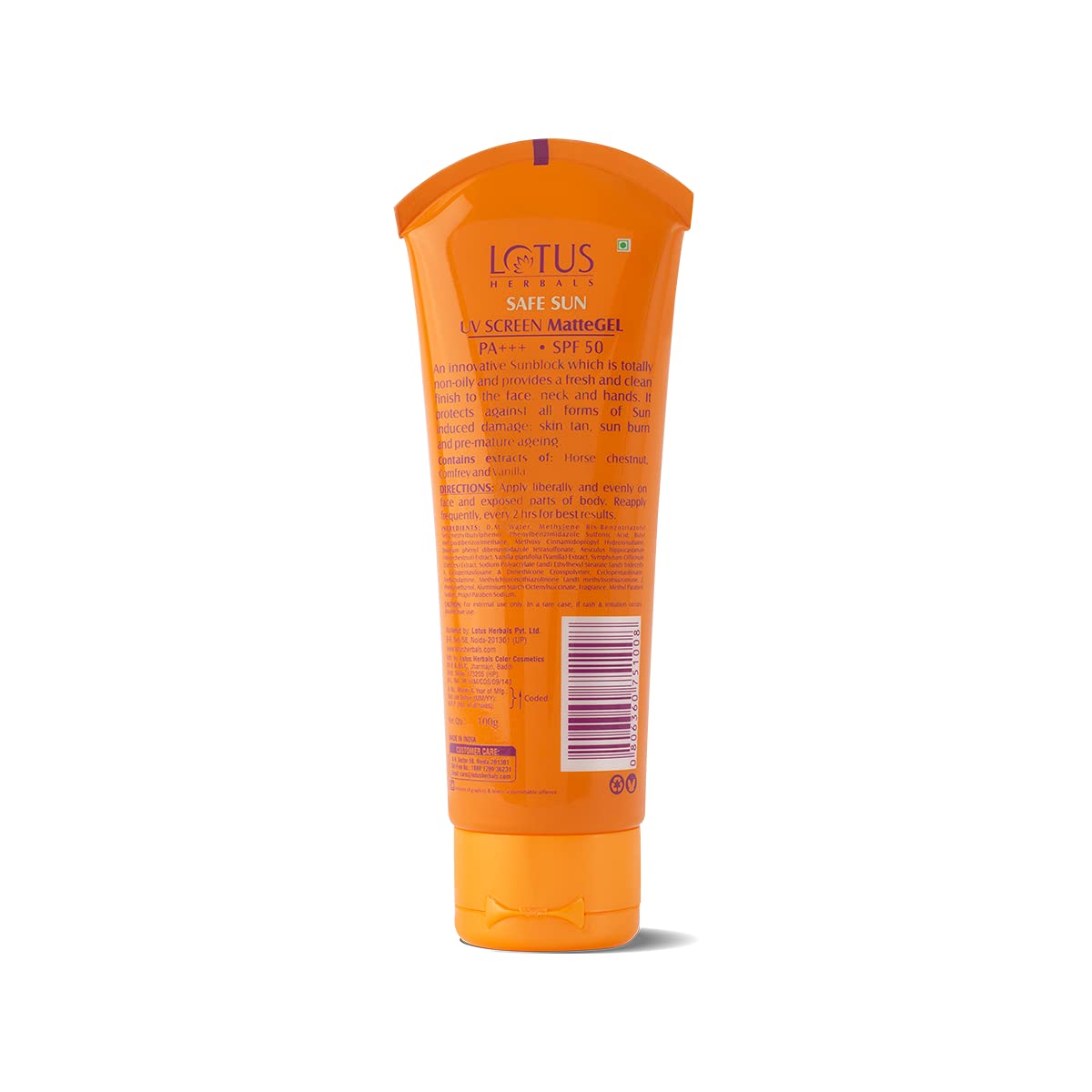 Lotus Herbals Sunscreen for Women & Men | Safe Sun UV Screen Matte Gel Sunscreen SPF 50 & PA+++ | UVA & UVB Protection | Comfrey, Vanilla, Horse Chestnut Extract | No White Cast | Normal to Oily Skin | 100g