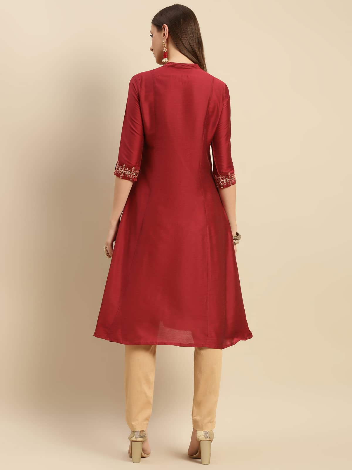 rangita Women Solid Embroidered Calf Length A Line Kurti with Sleeves Tabs