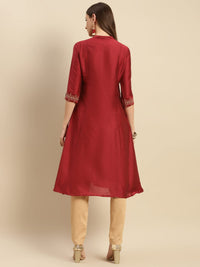 rangita Women Solid Embroidered Calf Length A Line Kurti with Sleeves Tabs