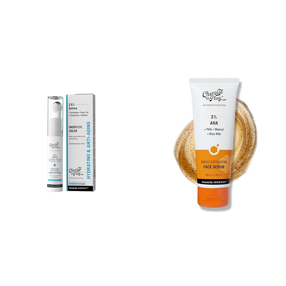 Chemist At Play Under Eye Cream with 2% Revital Eye & Quinoa Extract Cooling Gel & Roller for Men & Women | 15 g Gentle Exfoliating Face Scrub with Mandelic Acid & Walnuts for Women & Men | 100ml
