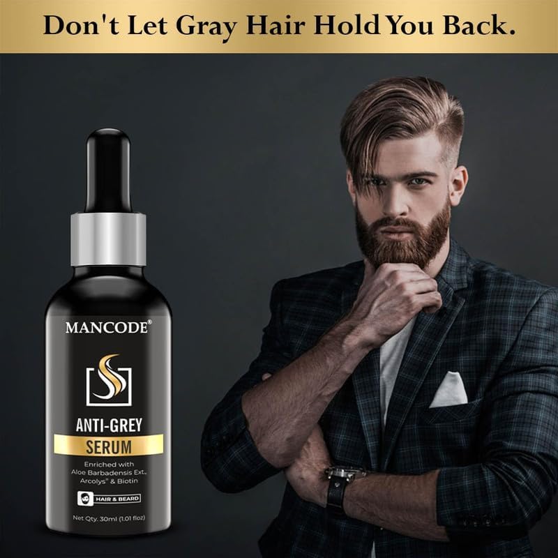 Mancode Anti Grey Serum | Restore Natural Black Color of Grey White Hair & Beard | Delay & Reverse Grays | Strengthen Hair Roots | Toxin Free | For All Hair Types - 30ml