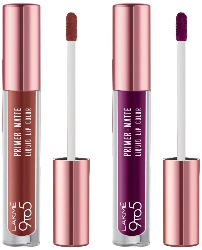 Lakmé 9to5 Primer + Matte Liquid Lip Color MB2 Intense Latte & Lakmé 9to5 Primer + Matte Liquid Lip Color MM4 Dynamic Purple Combo