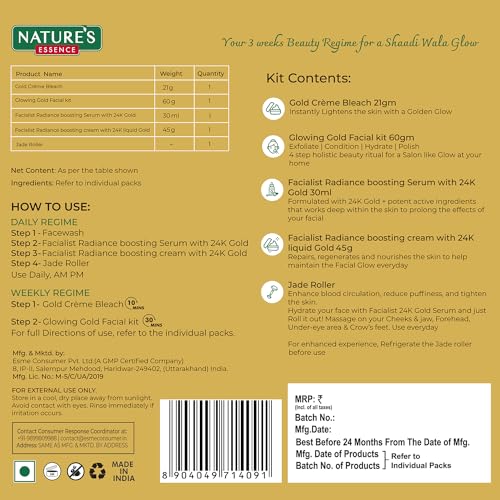 Nature's Essence Shaadi Wala Glow Kit - 3 weeks ritual | Skincare combo for Women | Gold Facial kit, Serum, cream & Jade Roller | Suitable for all skin types | Pack of 5, 126g +30ml
