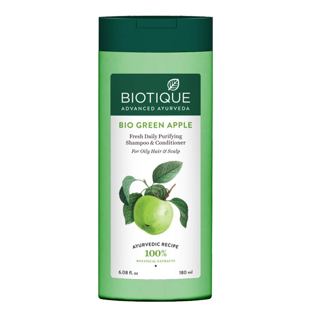Biotique Bio Green Apple Fresh Daily Purifying Shampoo and Conditioner for Oily Scalp and Hair, 180m And Biotique Bio Winter Green Spot Correcting Anti Acne Cream, 15g