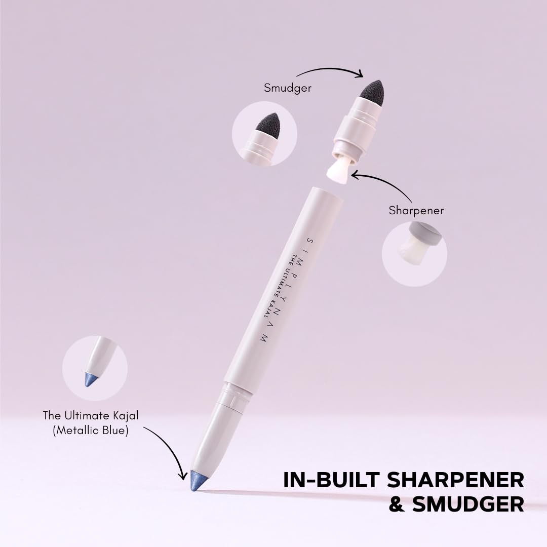 SIMPLYNAM Ultimate Kajal – Metallic Blue | 1 Stroke Intense Color Payoff | Water Resistant | Long-Lasting & Smudge-Proof | Safe for Sensitive Eyes | 7X More Product | In-Built Sharpener & Smudger