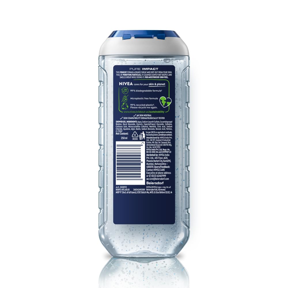 NIVEA MEN Pure Impact Shower Gel, 250ml, (Hair, Face & Body Wash)