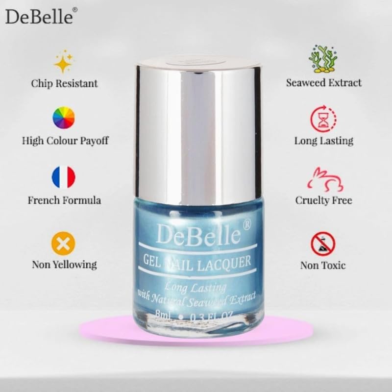 DeBelle Gel Nail Polish Aqua Frenzy (Metallic Sky Blue Nail Paint)|Non UV - Gel Finish |Chip Resistant | Seaweed Enriched Formula| Long Lasting|Cruelty and Toxic Free| 8ml